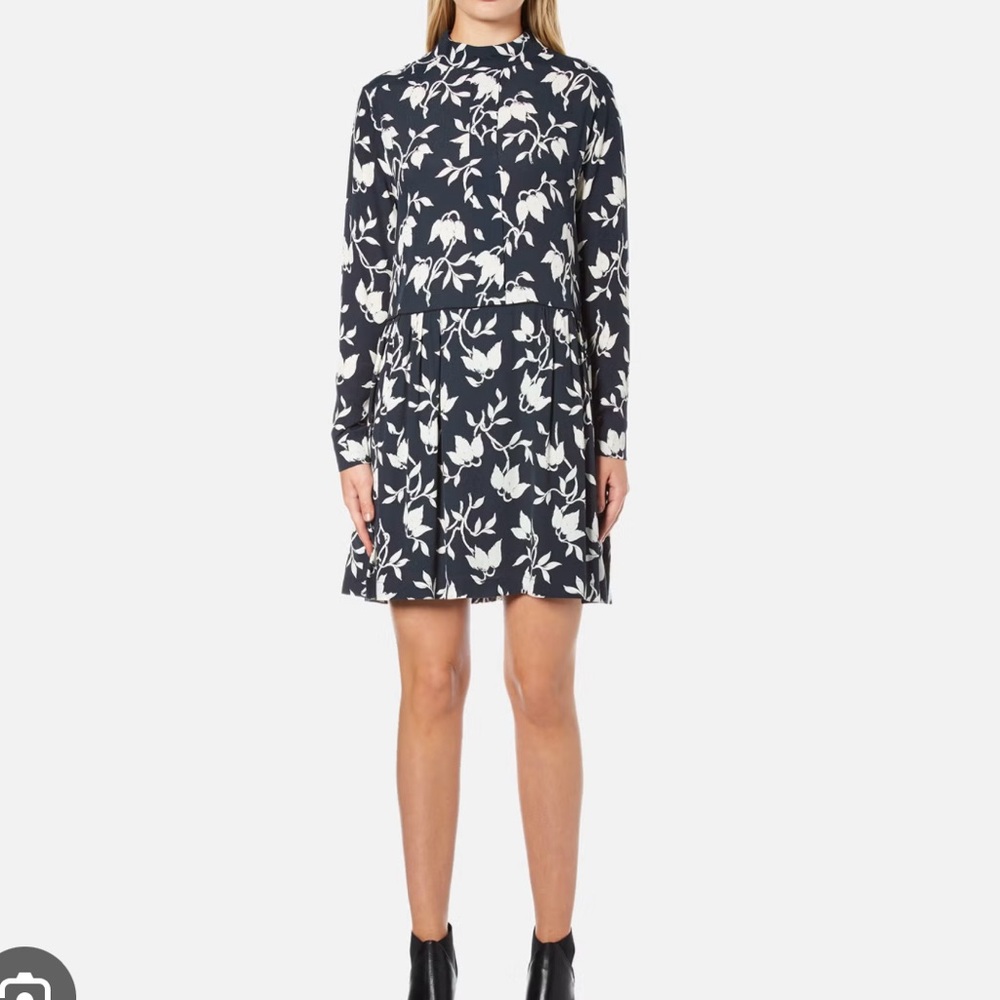 Ganni Maxwell Crepe Dress Vanilla Ice Bell Flower Navy Blue